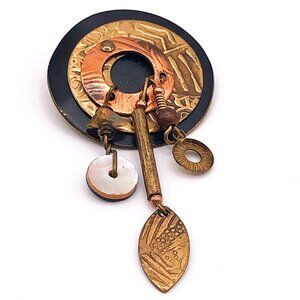 Vintage Boho Artisan Mixed Metal Dangle Brooch Pin w/ Mother of Pearl Accent